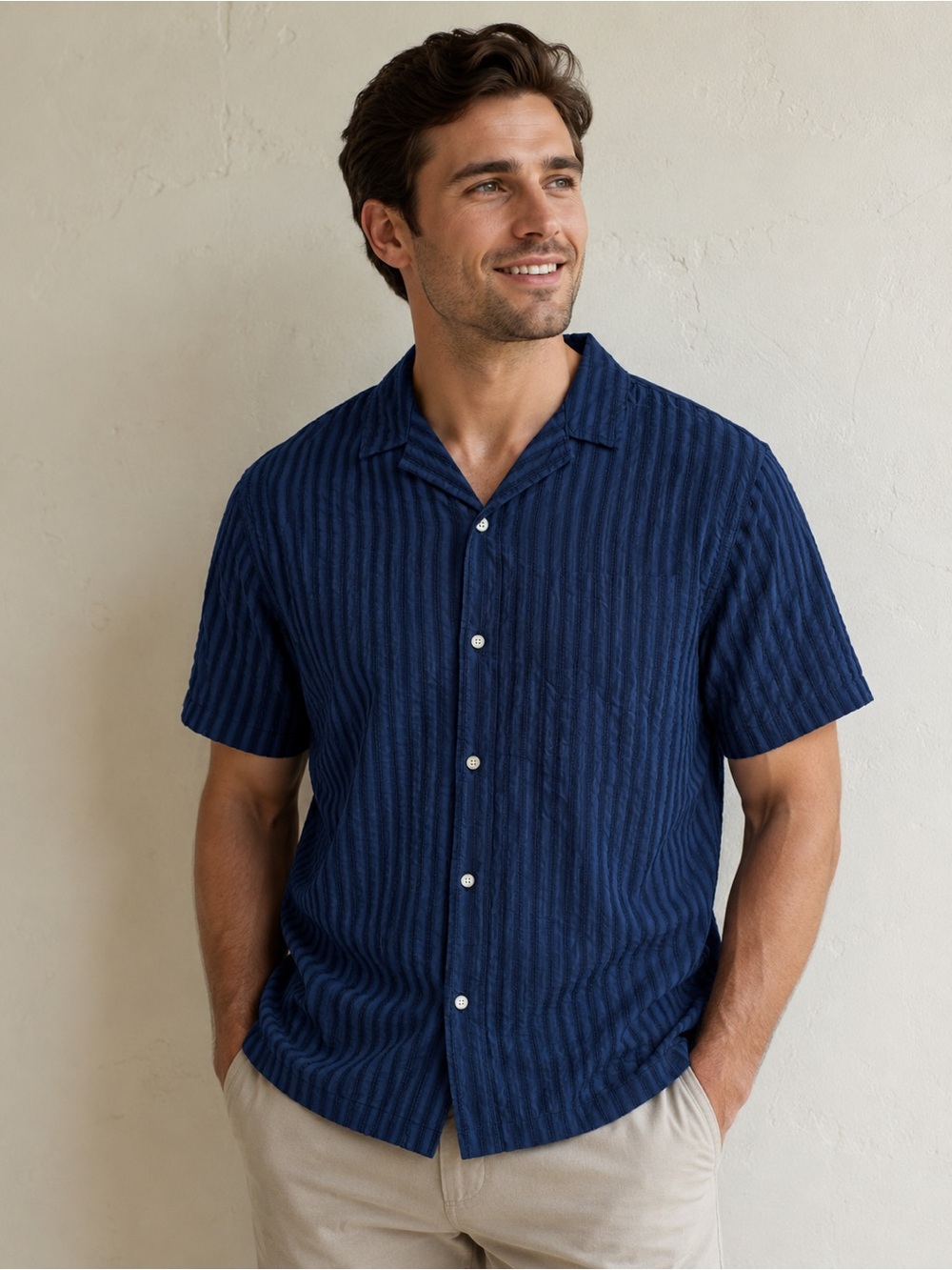 NWT Folk Navy Textured Short-Sleeve Button-Down Shirt small